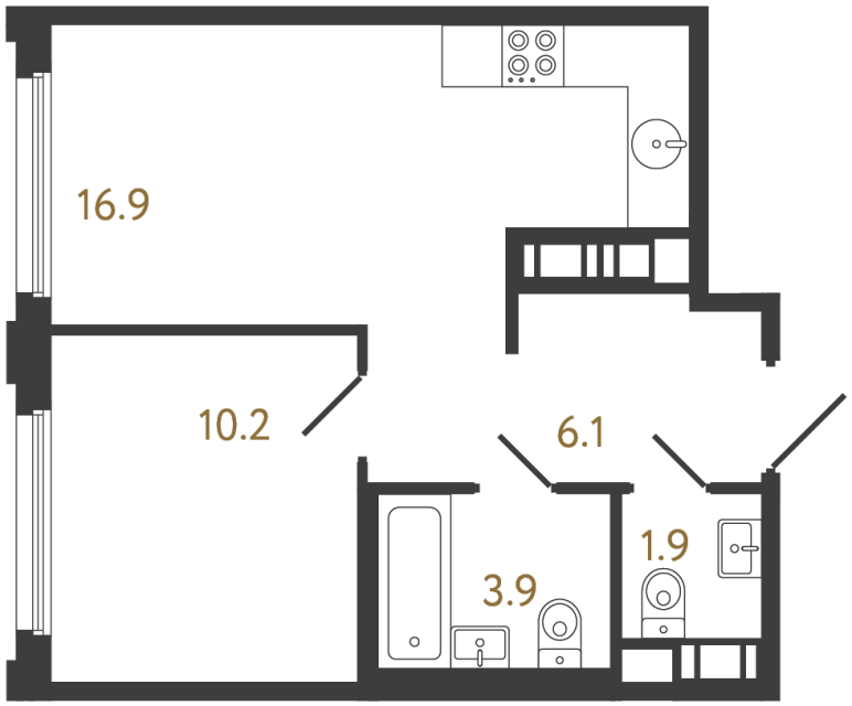 Однокомнатная квартира №1025 в ЖК Гений - 39 м²  - №2