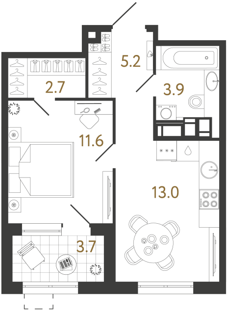 Однокомнатная квартира №36 в ЖК Струны - 36.4 м²