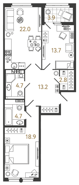 Двухкомнатная квартира №120 в ЖК Миръ - 80 м²