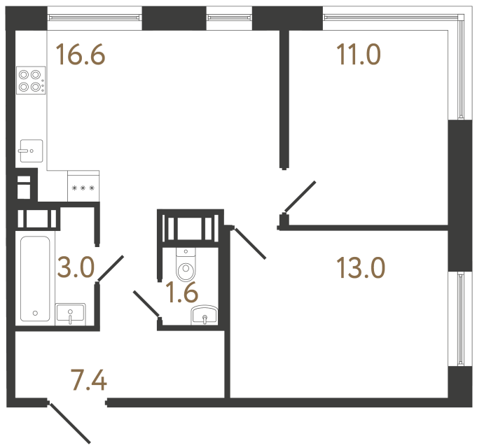 Двухкомнатная квартира №359 в ЖК Передвижники 2 - 52.6 м²  - №2