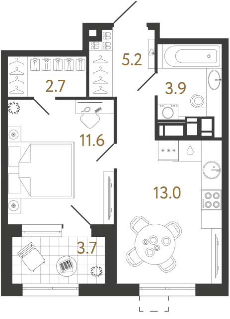 Однокомнатная квартира №60 в ЖК Струны - 36.4 м²