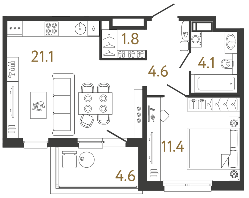 Однокомнатная квартира №165 в ЖК Передвижники - 43 м²