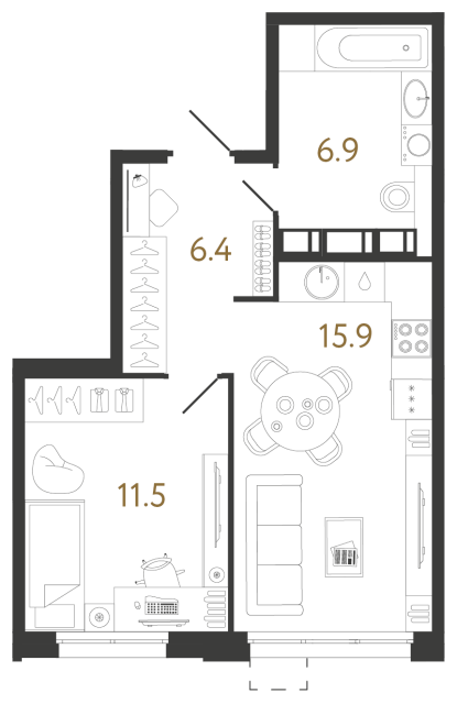 Однокомнатная квартира №1078 в ЖК Струны 2 оч. - 40.7 м²
