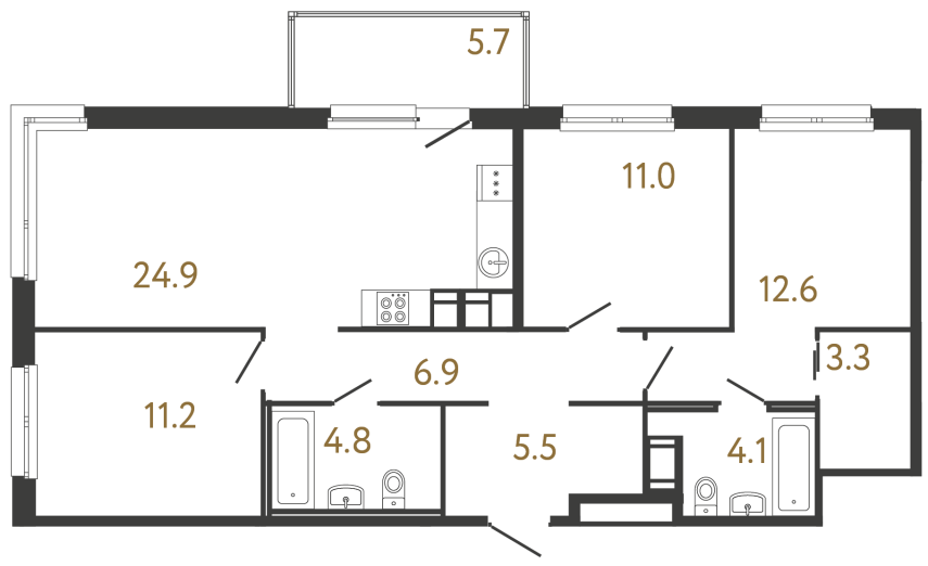 Трёхкомнатная квартира №114 в ЖК Передвижники - 84.3 м²  - №2