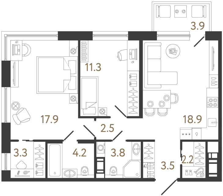 Двухкомнатная квартира №70 в ЖК Передвижники 2 - 67.6 м²