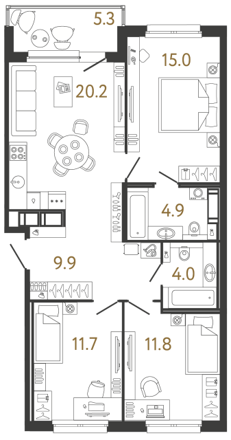 Трёхкомнатная квартира №143 в ЖК Передвижники - 77.5 м²
