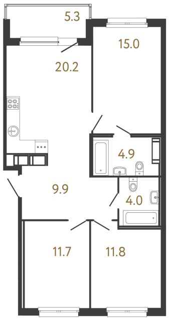 Трёхкомнатная квартира №135 в ЖК Передвижники - 77.5 м²  - №2