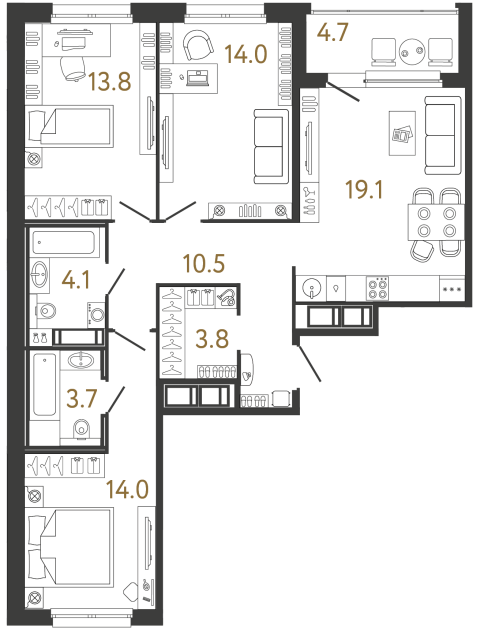 Трёхкомнатная квартира №158 в ЖК Передвижники - 83 м²