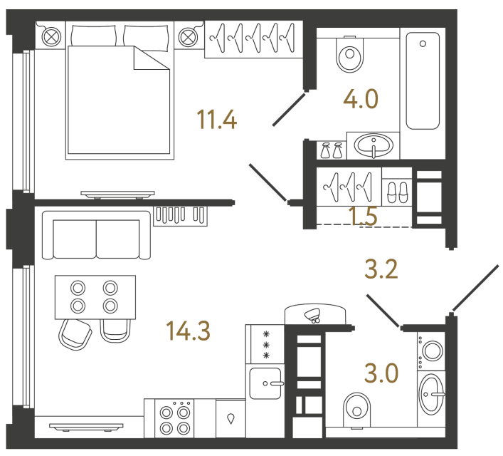 Однокомнатная квартира №225 в ЖК Гений - 37.4 м²