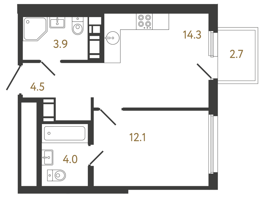 Однокомнатная квартира №385 в ЖК Гений - 38.8 м²  - №2