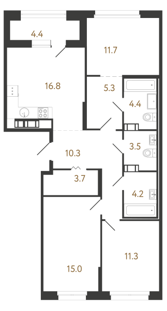 Трёхкомнатная квартира №108 в ЖК Куинджи - 86 м²  - №2