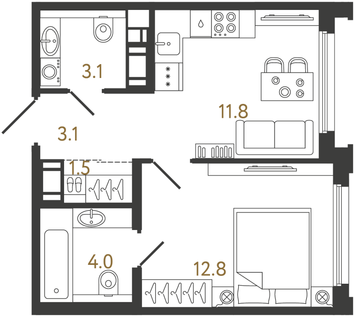 Однокомнатная квартира №833 в ЖК Гений - 36.3 м²