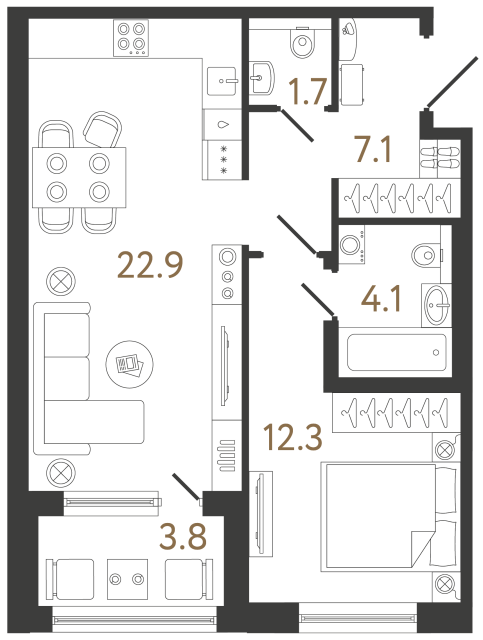 Однокомнатная квартира №147 в ЖК Передвижники 2 - 48.1 м²