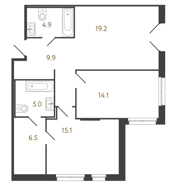 Двухкомнатный номер №2 в комплексе «Репин» - 74.7 м²  - №2