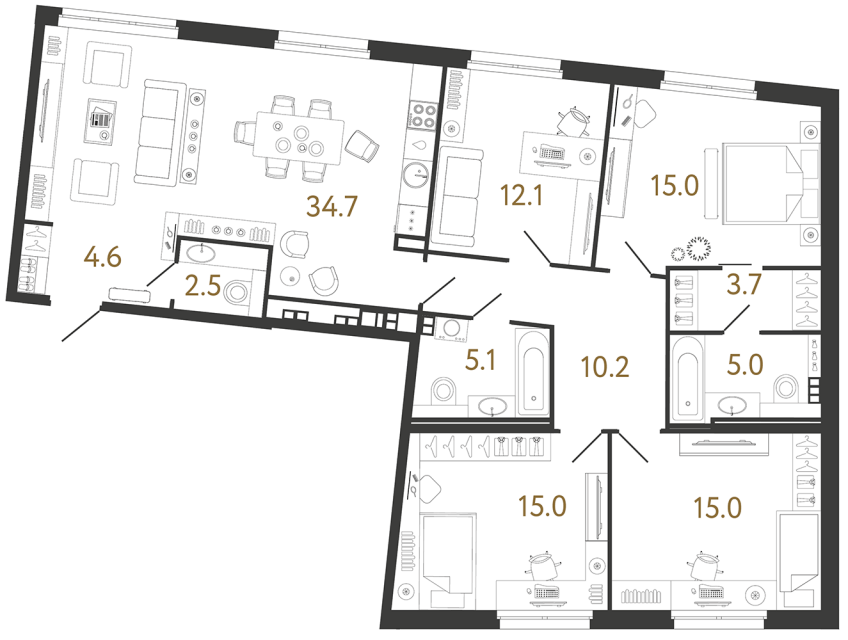 Четырехкомнатная квартира №153 в ЖК Визионер - 122.9 м²