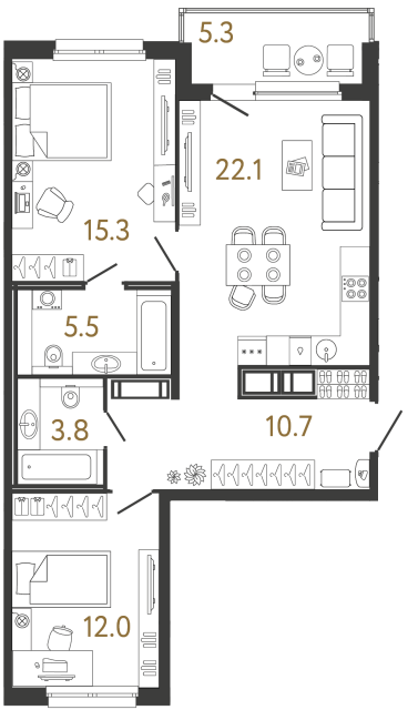 Двухкомнатная квартира №223 в ЖК Передвижники - 69.4 м²
