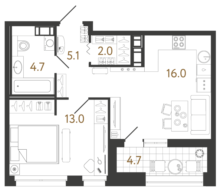 Однокомнатная квартира №349 в ЖК Куинджи - 40.8 м²
