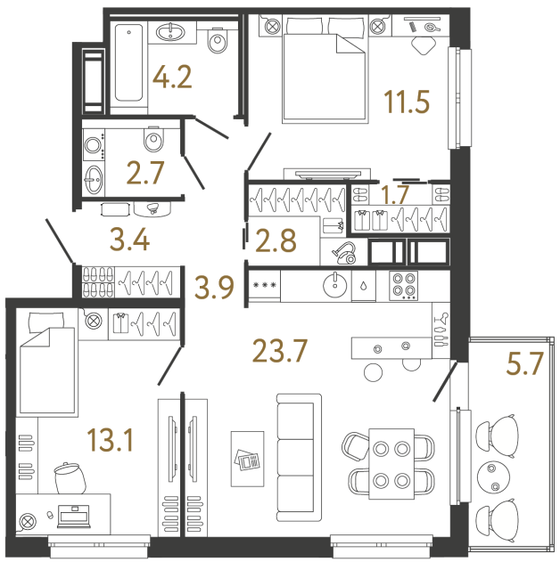 Двухкомнатная квартира №91 в ЖК Передвижники - 67 м²