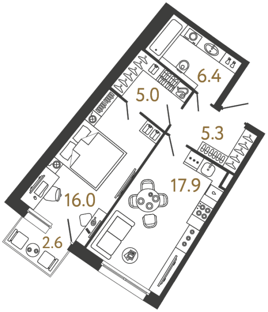 Однокомнатная квартира №68 в ЖК Цвет Зеленогорска - 50.6 м²