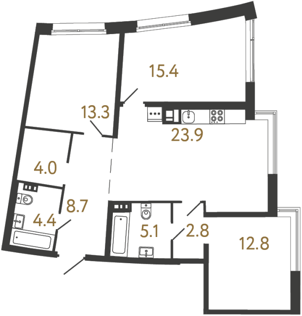Трёхкомнатная квартира №83 в ЖК Цвет Зеленогорска - 90.4 м²  - №2