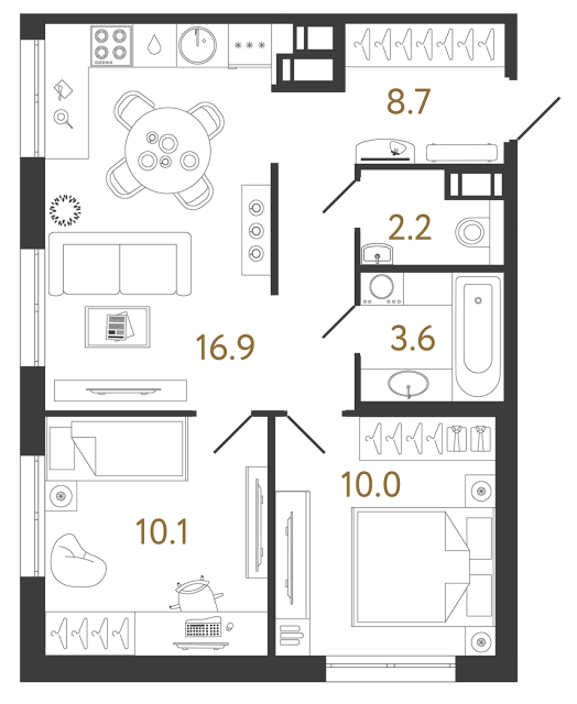 Двухкомнатная квартира №374 в ЖК Струны - 51.5 м²