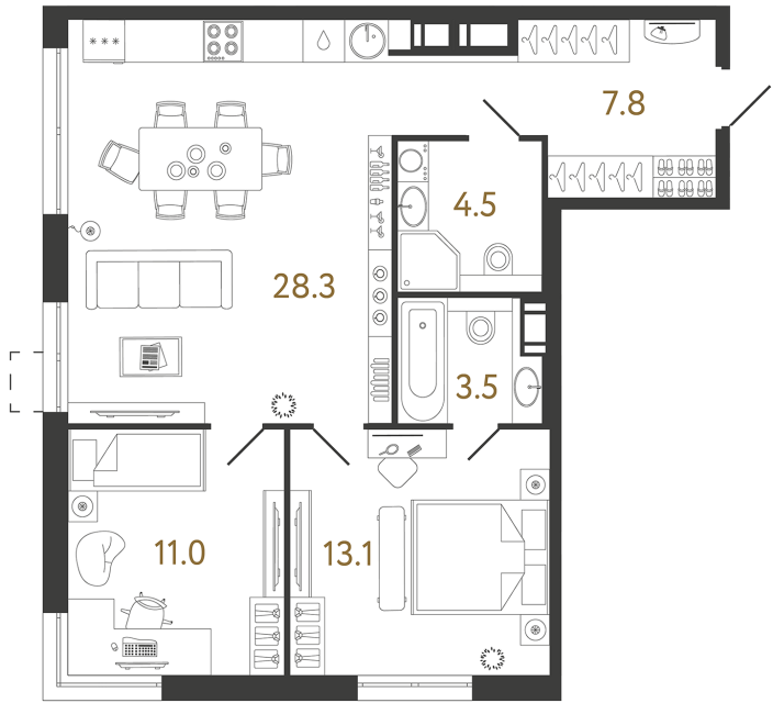 Двухкомнатная квартира №149 в ЖК Струны - 68.2 м²