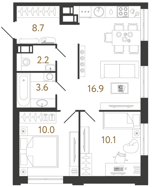 Двухкомнатная квартира №283 в ЖК Струны - 51.5 м²
