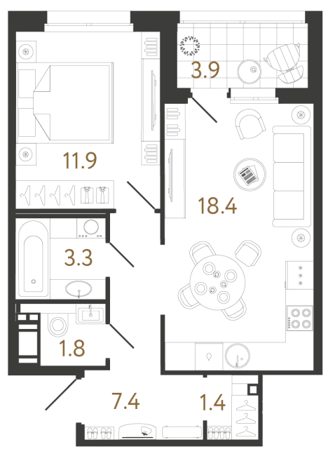 Однокомнатная квартира №96 в ЖК Литера - 44.2 м²