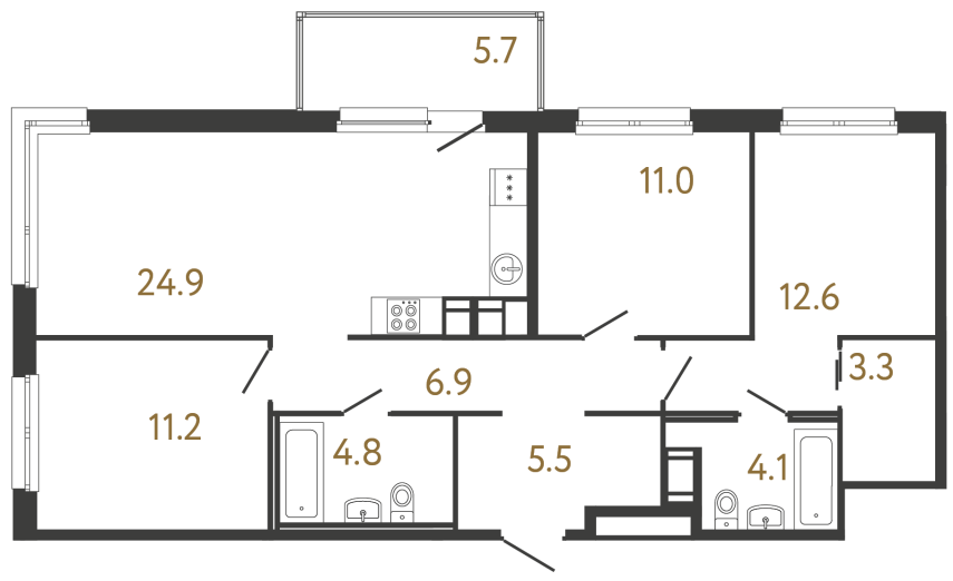 Трёхкомнатная квартира №124 в ЖК Передвижники - 84.3 м²  - №2