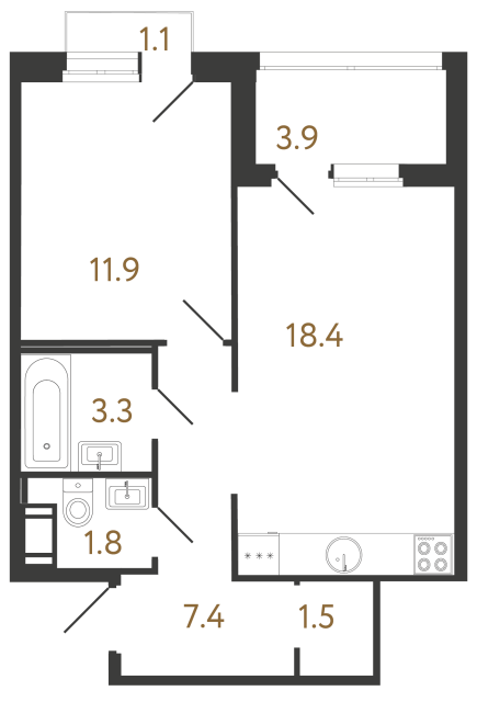 Однокомнатная квартира №89 в ЖК Литера - 44.3 м²  - №2