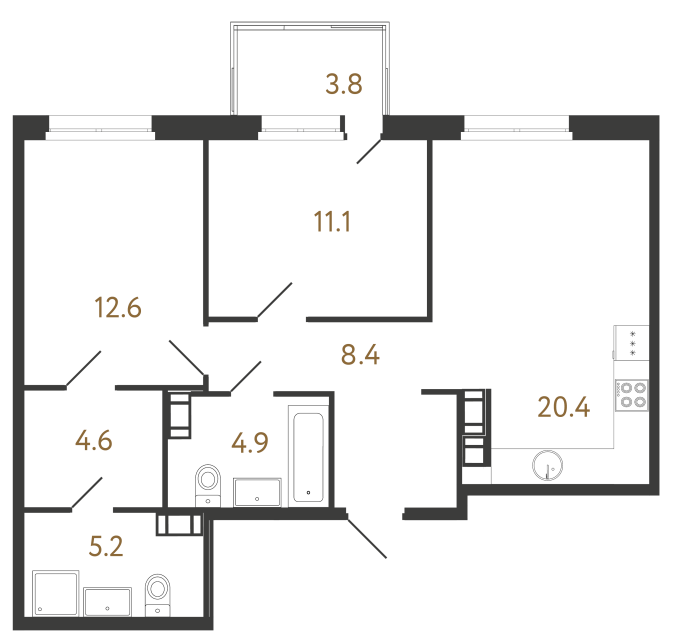 Двухкомнатная квартира №302 в ЖК Куинджи - 67.2 м²  - №2