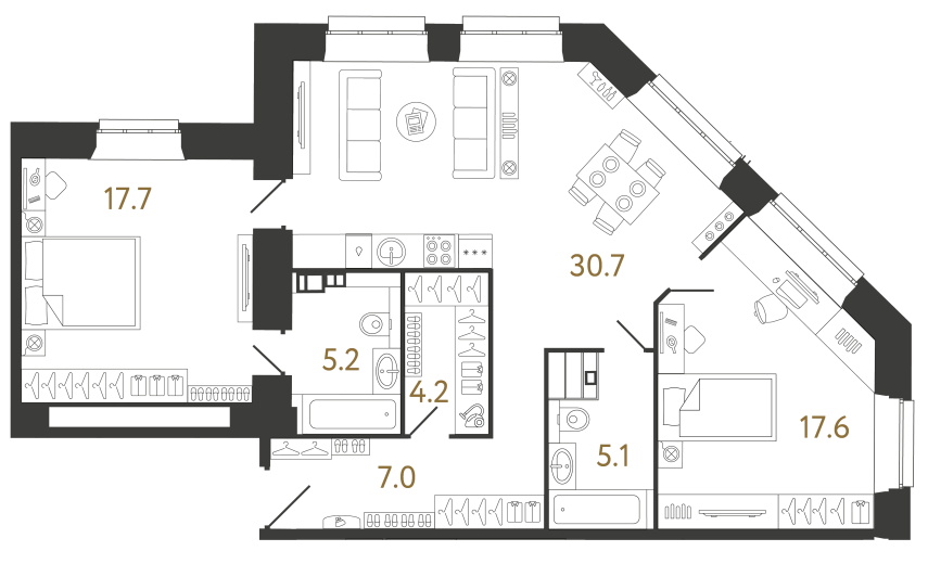 Двухкомнатные апартаменты №40 в ЖК Светоч - 87.5 м²