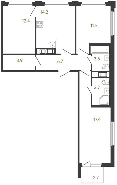 Трёхкомнатная квартира №714 в ЖК Гений - 73.4 м²  - №2