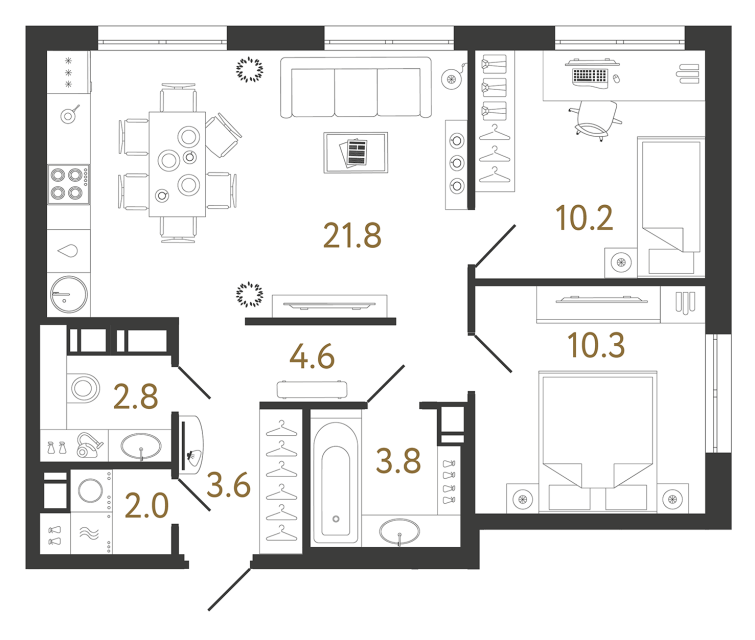 Двухкомнатная квартира №274 в ЖК Струны - 59.1 м²