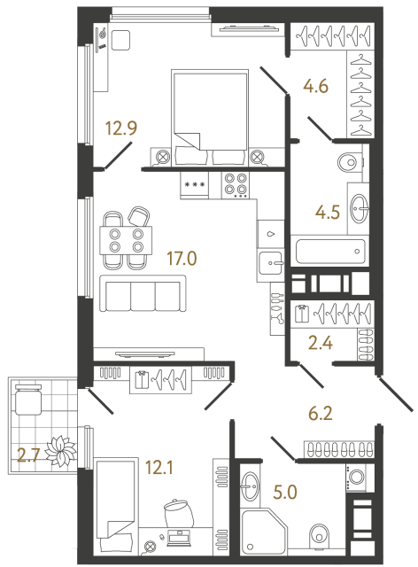 Двухкомнатная квартира №913 в ЖК Гений - 64.7 м²