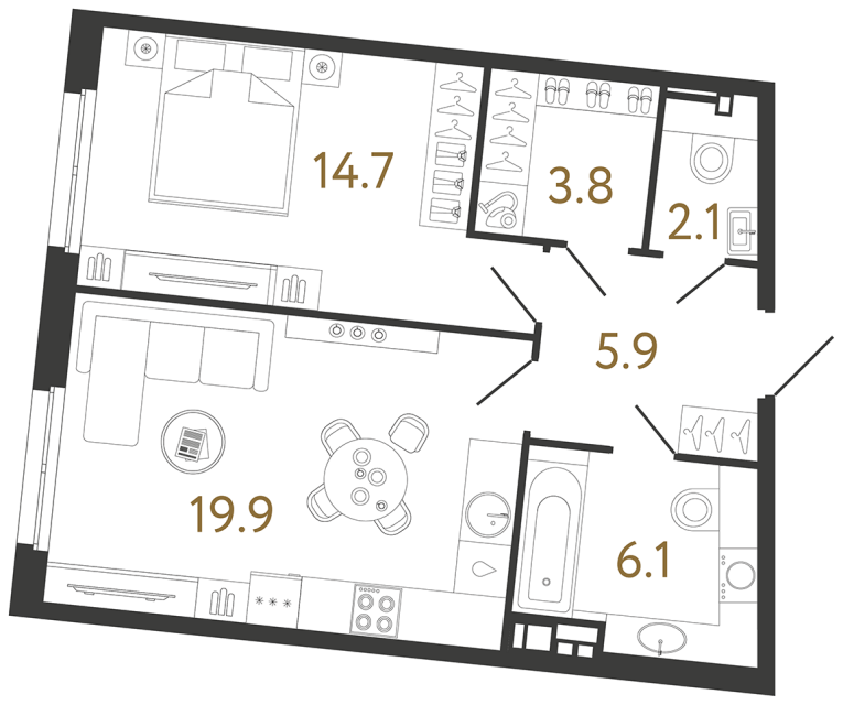Однокомнатная квартира №171 в ЖК Визионер - 52.5 м²