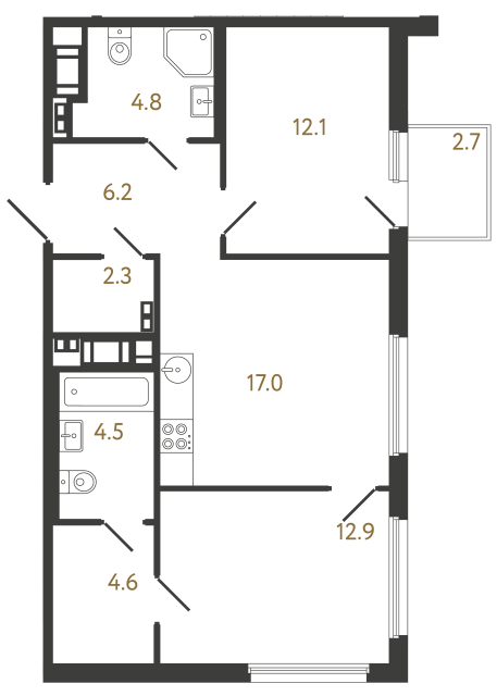 Двухкомнатная квартира №387 в ЖК Гений - 64.4 м²  - №2