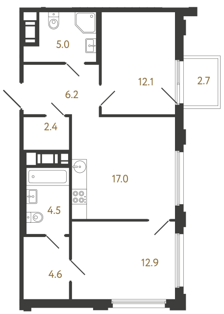 Двухкомнатная квартира №311 в ЖК Гений - 64.7 м²  - №2
