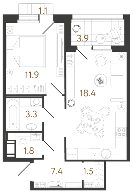 Однокомнатная квартира №89 в ЖК Литера - 44.3 м²