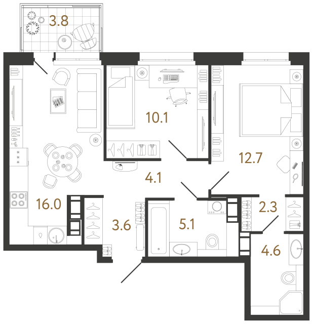 Двухкомнатная квартира №296 в ЖК Куинджи - 58.5 м²