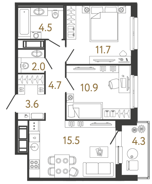 Двухкомнатная квартира №288 в ЖК Передвижники - 52.9 м²