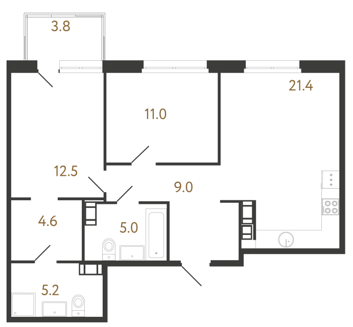 Двухкомнатная квартира №453 в ЖК Куинджи - 68.7 м²  - №2