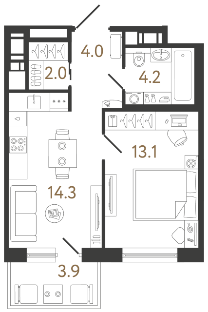 Однокомнатная квартира №77 в ЖК Передвижники 2 - 37.6 м²