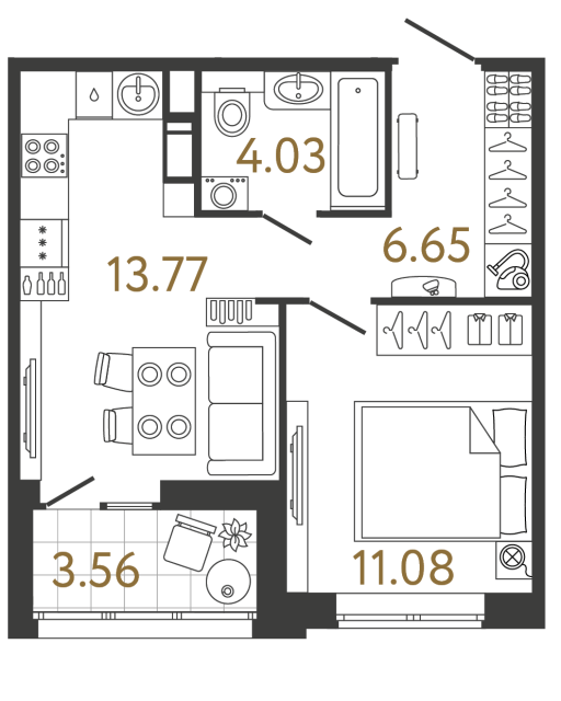 Однокомнатная квартира №858 в ЖК Ultra City 3 - 35.53 м²