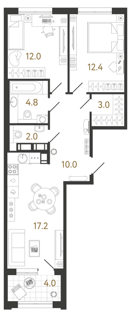 Двухкомнатная квартира №346 в ЖК Струны - 61.4 м²