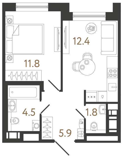 Однокомнатная квартира №390 в ЖК Передвижники 2 - 36.4 м²