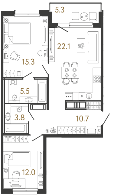 Двухкомнатная квартира №199 в ЖК Передвижники - 69.4 м²