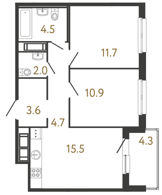 Двухкомнатная квартира №323 в ЖК Передвижники - 52.9 м²  - №2
