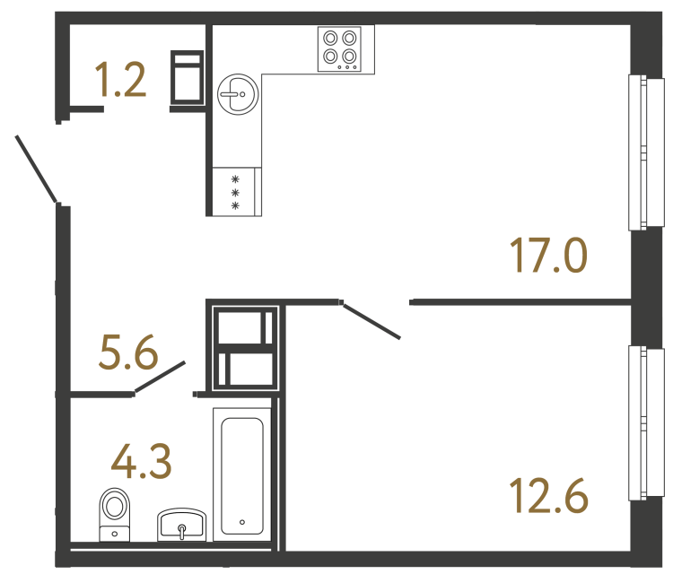 Однокомнатная квартира №106 в ЖК Передвижники - 40.7 м²  - №2