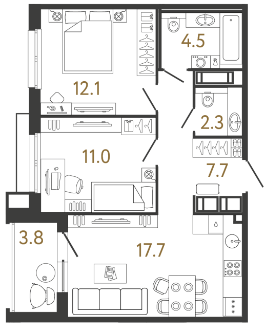 Двухкомнатная квартира №113 в ЖК Передвижники - 55.3 м²